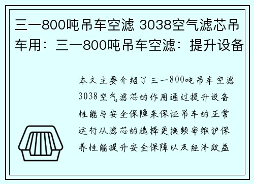 三一800吨吊车空滤 3038空气滤芯吊车用：三一800吨吊车空滤：提升设备性能与安全保障