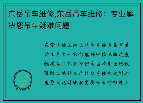 东岳吊车维修,东岳吊车维修：专业解决您吊车疑难问题