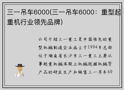 三一吊车6000(三一吊车6000：重型起重机行业领先品牌)